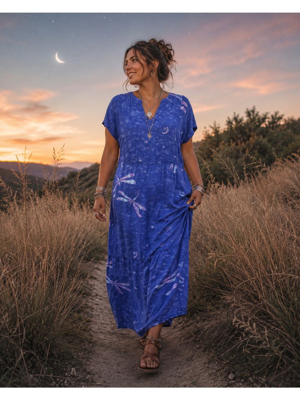 Global Village Blue Batik Dragonfly Rayon Maxi Dress Size M